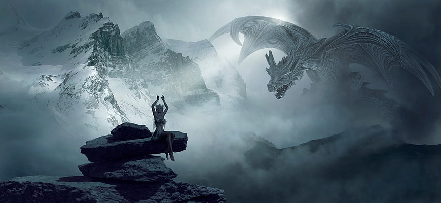 Mystical Woman Sitting on Rock Facing Giant Dragon in Snowy Mountains