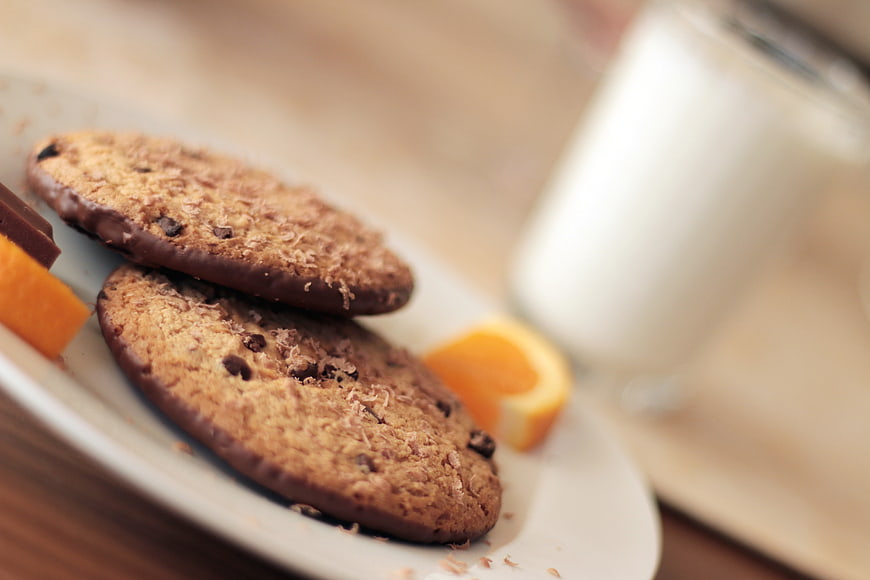Chocolate Chip Cookies with Milk and Orange Slices