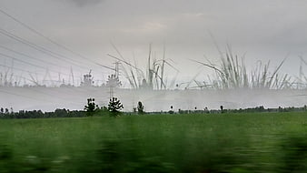Motion blur view of green fields and power lines from moving vehicle