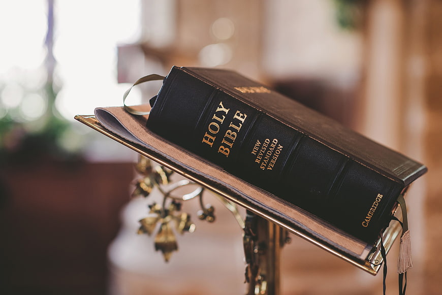 Holy Bible on Brass Stand with Gold Lettering