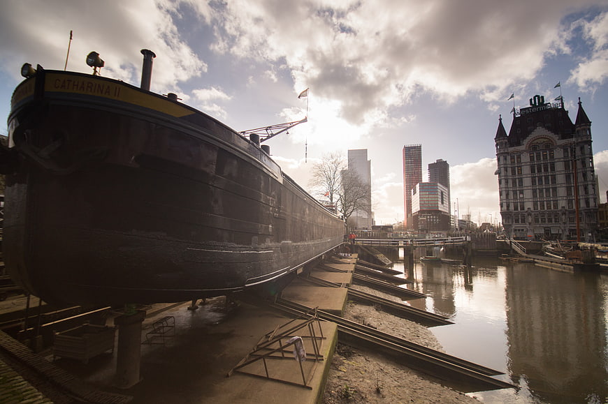Historic Barge Catharina II Docked in Amsterdam Harbor
