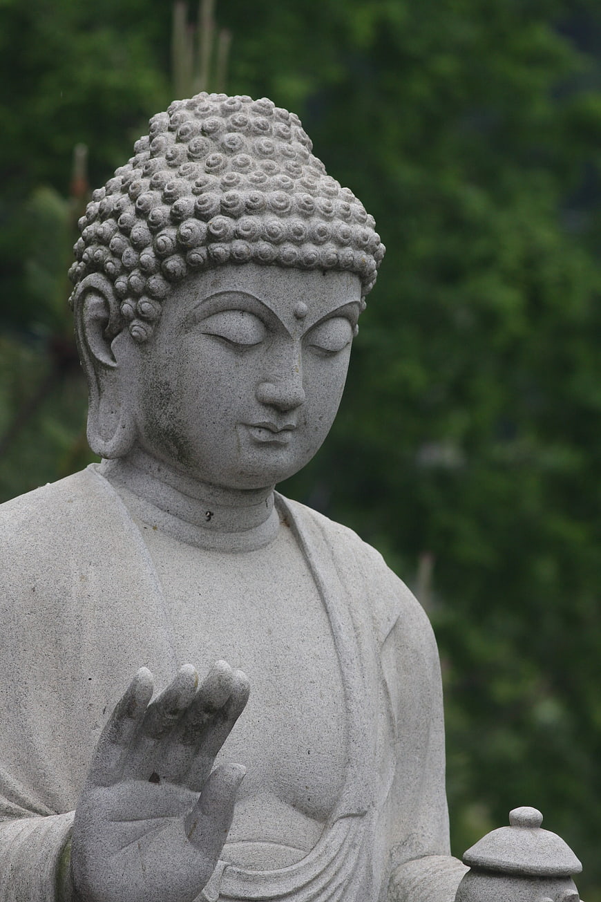 Close-up of a serene stone Buddha statue with green foliage background
