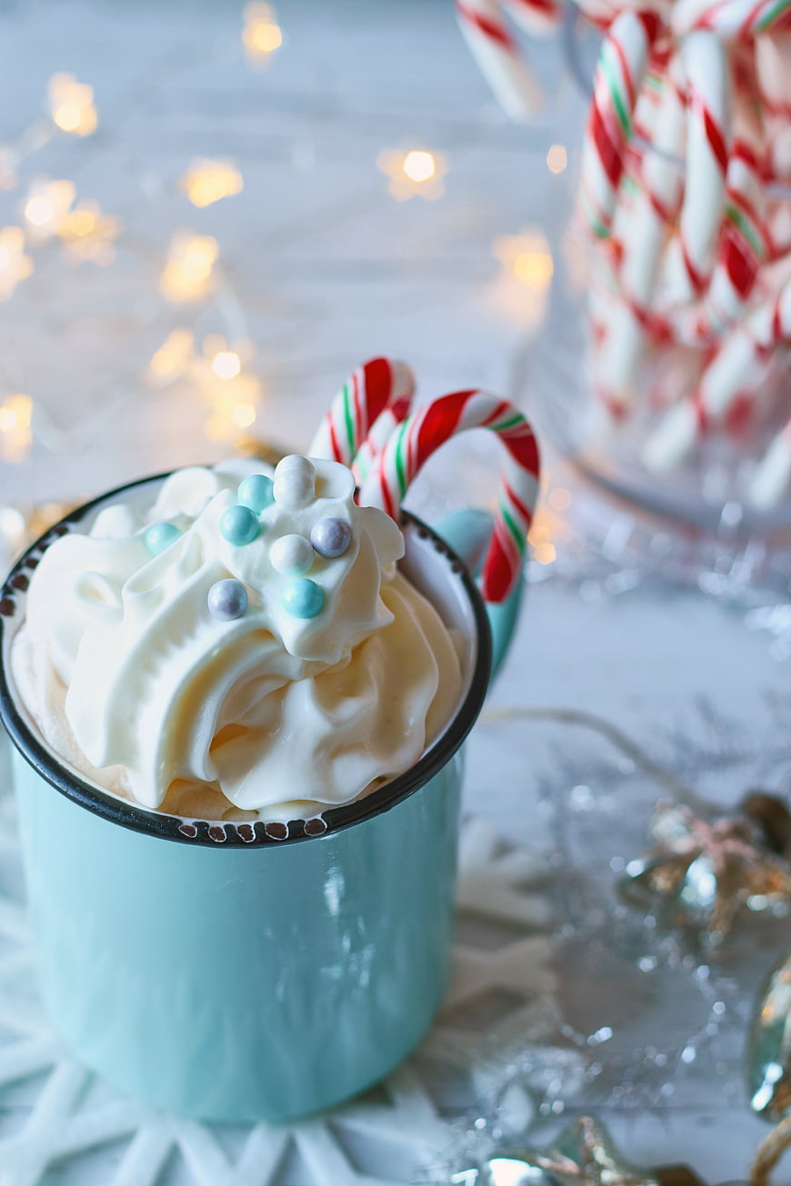 Festive Holiday Hot Chocolate with Whipped Cream and Candy Canes
