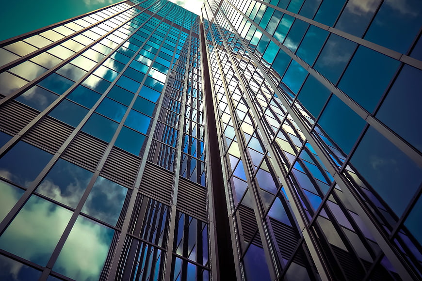 Low Angle View of Modern Glass Skyscraper Facade