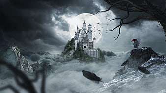 Dark Fantasy Castle on Cliff with Moon and Crow