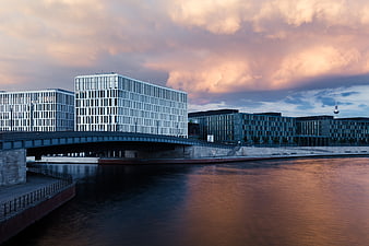Modern Berlin Architecture and River Spree at Sunset