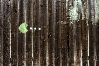 Pac-Man Graffiti on Weathered Wooden Fence