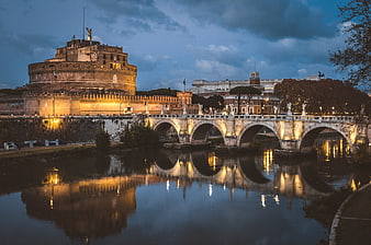 Castel Sant'Angelo and Ponte Sant'Angelo at Dusk in Rome