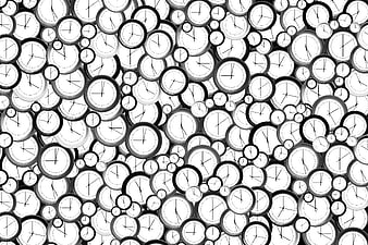 Black and white seamless pattern of overlapping analog clocks