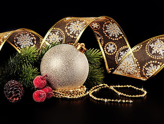 Luxurious Christmas Ornaments with Gold Ribbon and Pine