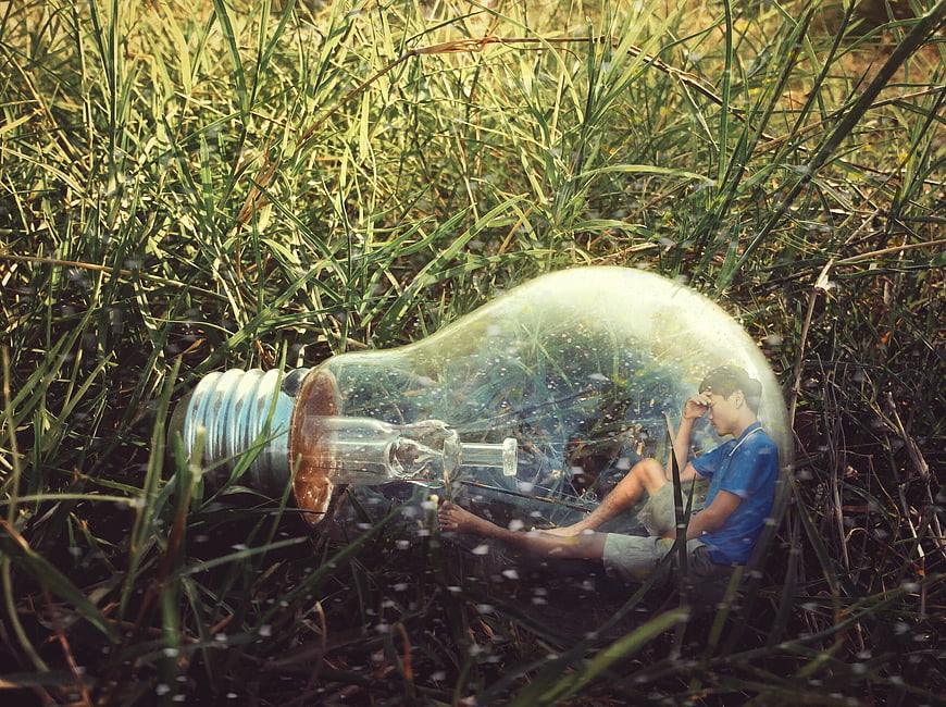 Man sitting inside a giant light bulb in a grassy field