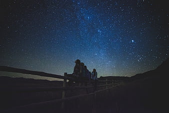 Group of friends watching the Milky Way galaxy at night