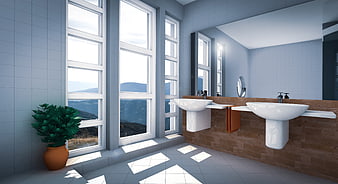 Modern Bathroom Interior 3D Render With Large Windows And Mountain View