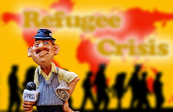Caricature journalist reporting on refugee crisis with world map background