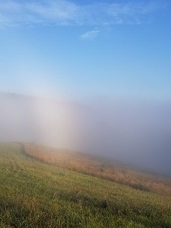 Misty Green Meadow Slope Under Blue Sky
