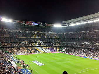 Night view of Santiago Bernabeu stadium during a football match