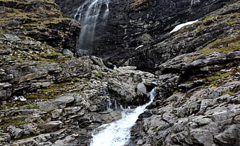 Rugged Mountain Waterfall Cascading Over Rocky Terrain