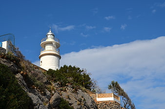 White Lighthouse on Rocky Cliff Against Blue Sky