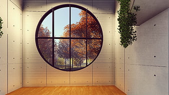 Modern Interior with Large Circular Window and Autumn View