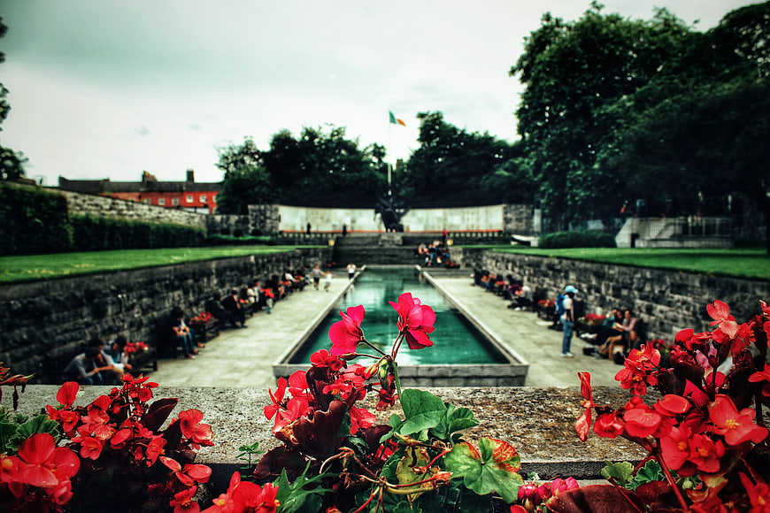 Garden of Remembrance Dublin with Red Flowers in Foreground