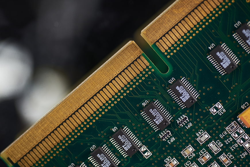 Close-up of Green Computer RAM Memory Stick Circuit Board