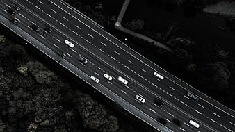 Aerial Black and White View of Cars on Highway