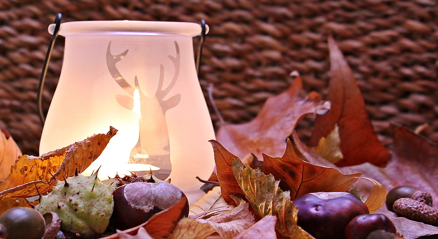 Autumn lantern with deer silhouette and chestnuts