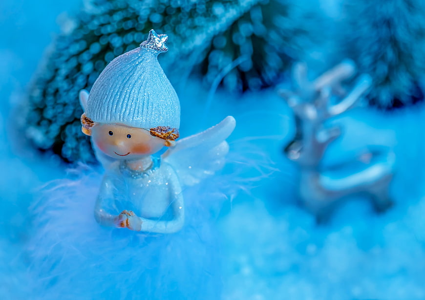 Blue Christmas Angel Figurine With Wings And Star Hat
