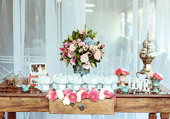 Wedding Tea Station with Samovar and Floral Decor