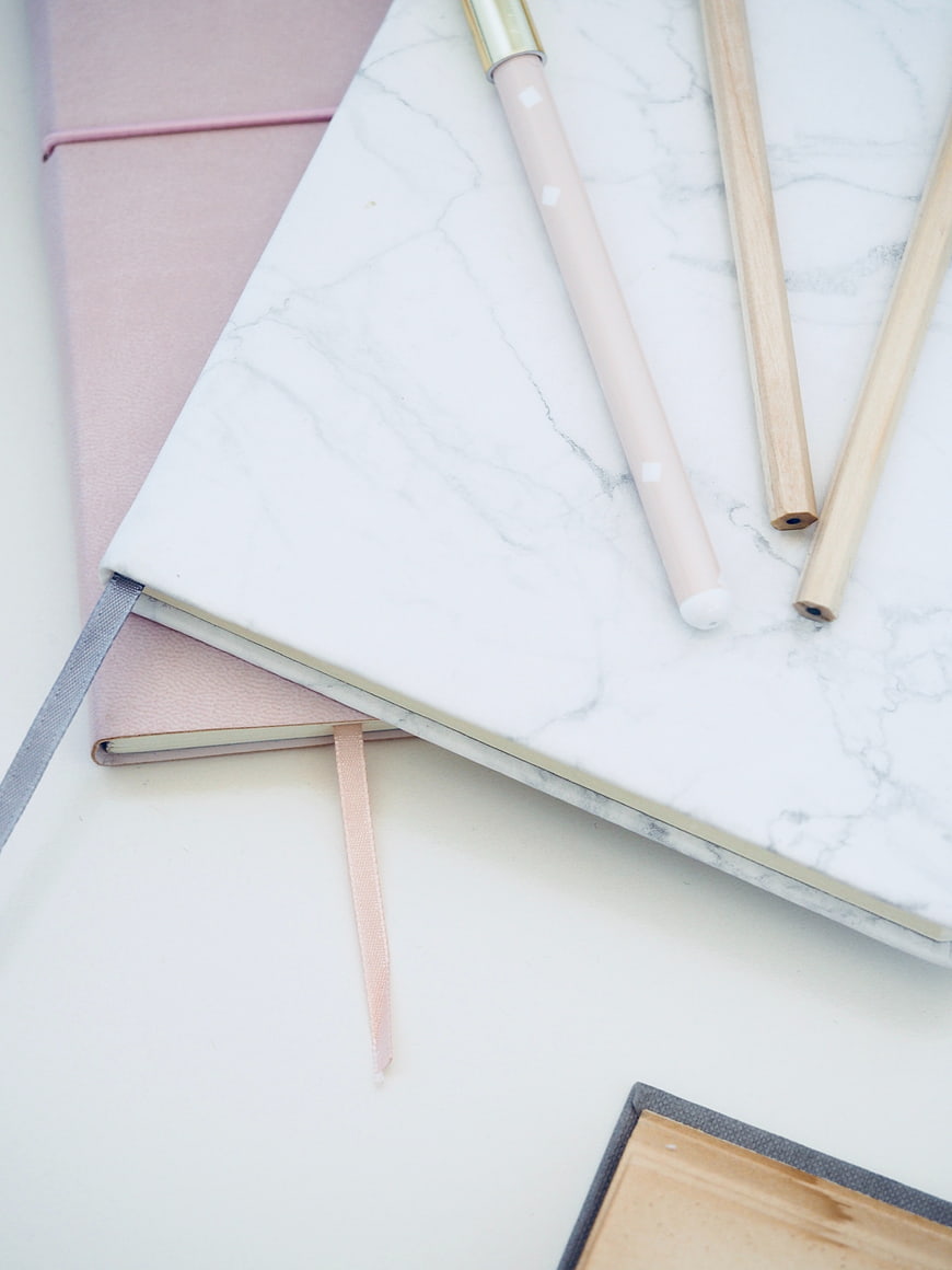 Minimalist Pink and Marble Notebook Flat Lay with Pens