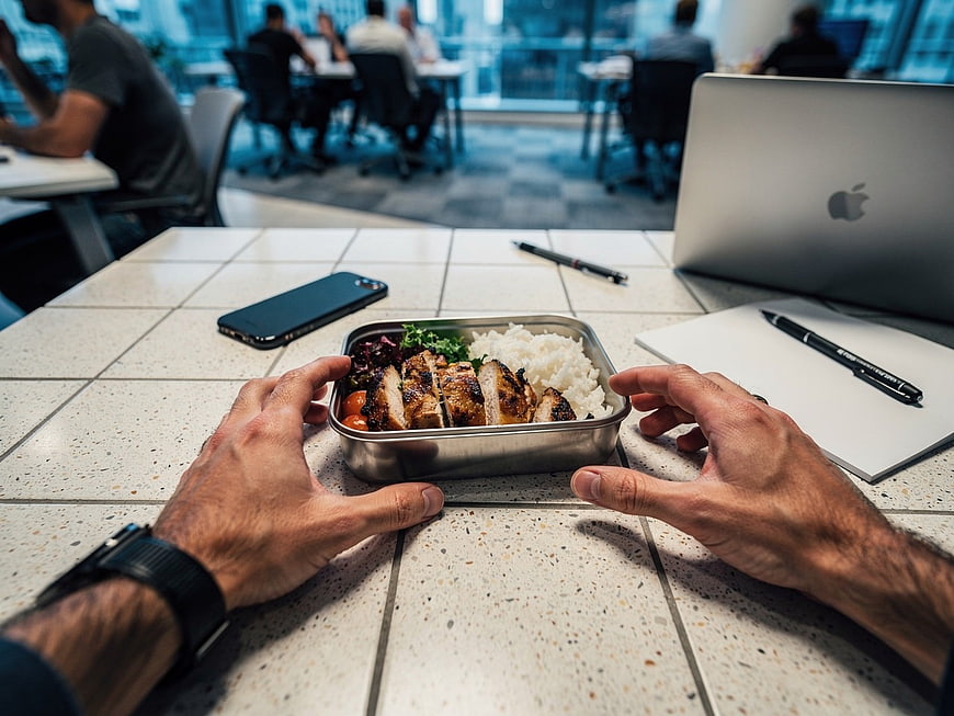 Healthy Grilled Chicken Bento Box Lunch in Modern Office