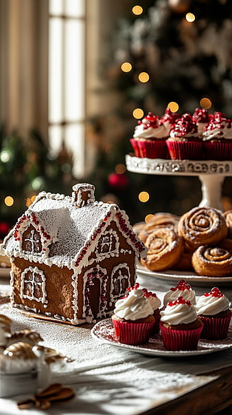 Festive Gingerbread House with Cupcakes and Cinnamon Rolls