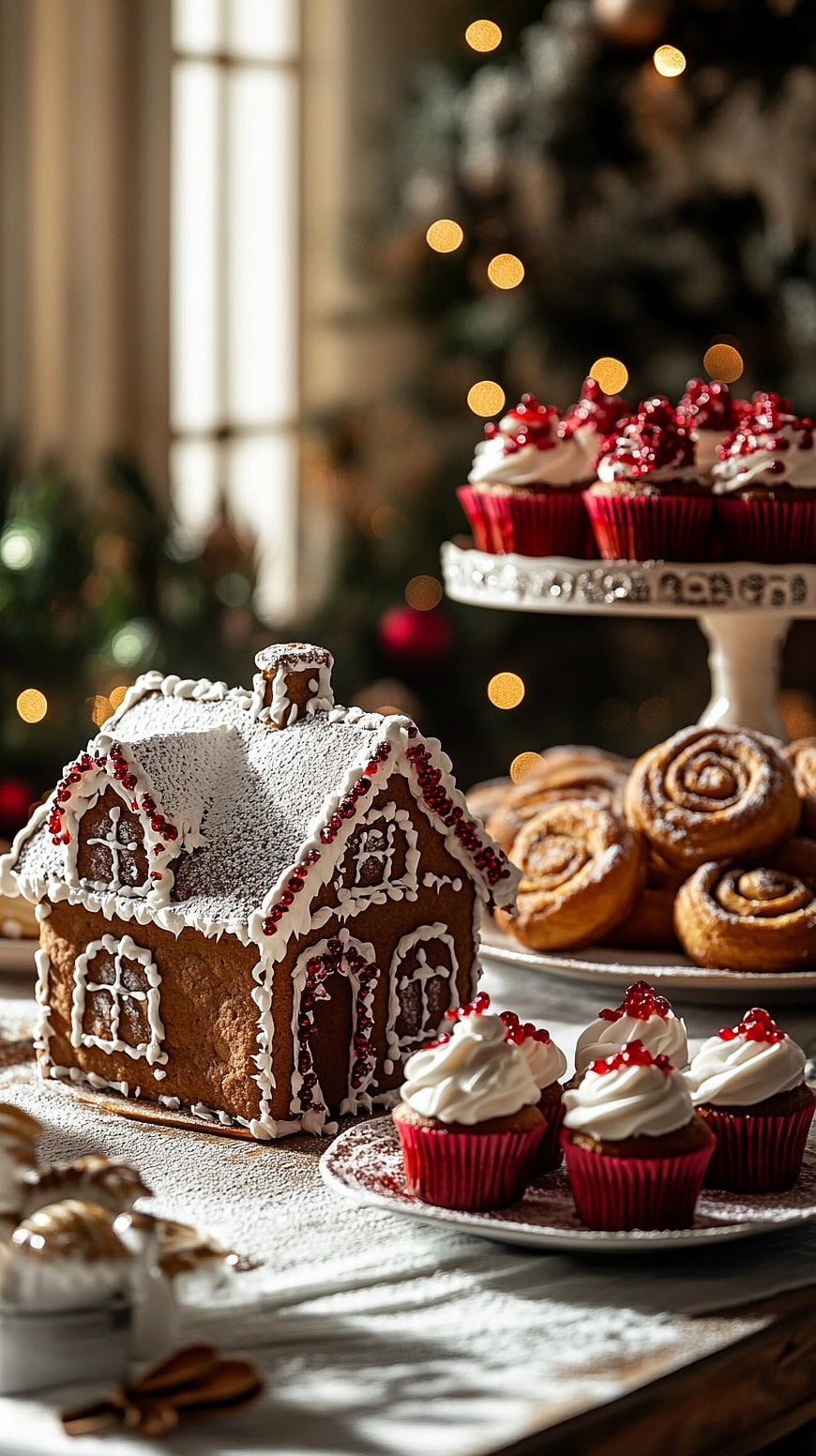 Festive Gingerbread House with Cupcakes and Cinnamon Rolls