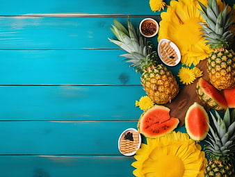 Top View Tropical Fruit Flat Lay on Blue Wood