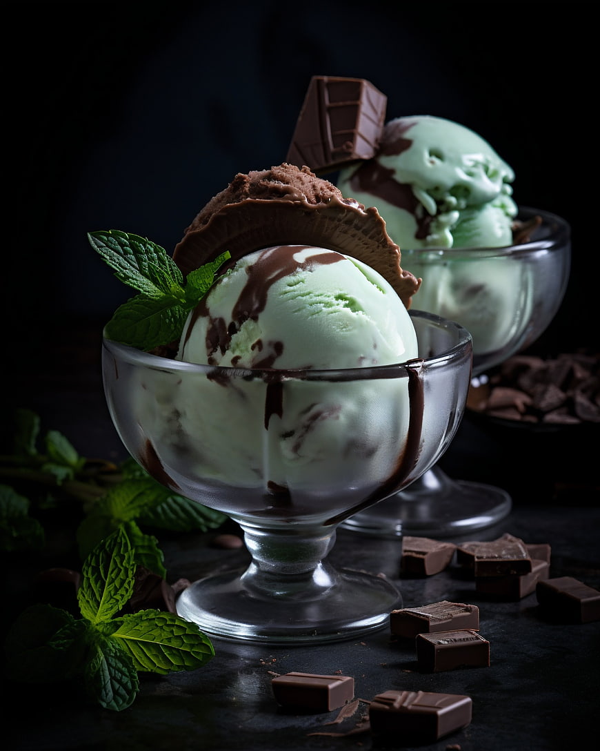 Mint chocolate chip ice cream with fresh mint and chocolate pieces