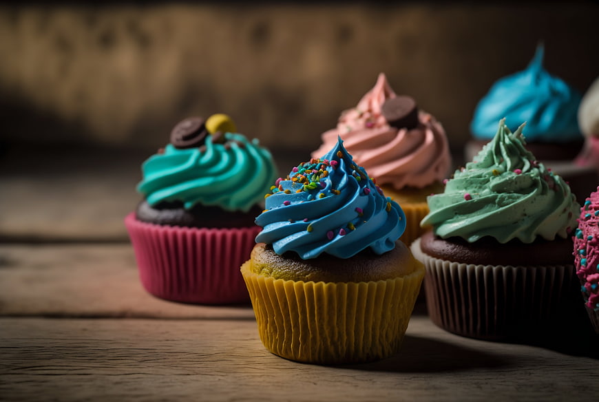 Colorful Cupcakes with Frosting and Sprinkles on Wood
