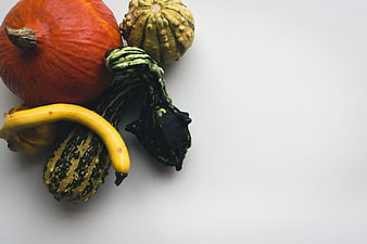 Top View of Decorative Pumpkins and Gourds on White Background