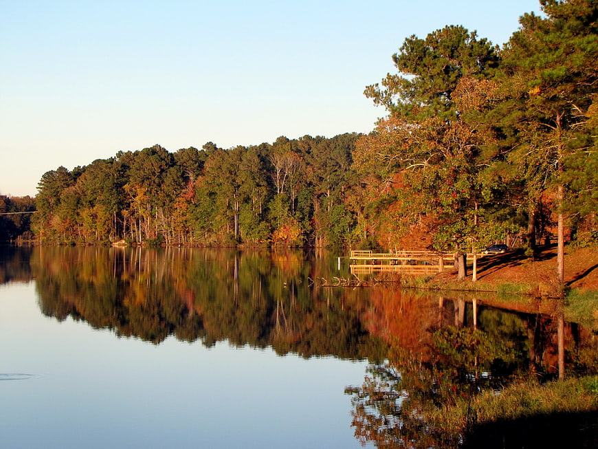 Serene Autumn Lake with Forest Reflections and Wooden Dock