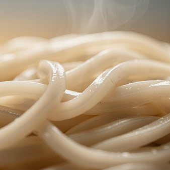Close-up of Steaming White Udon Noodles