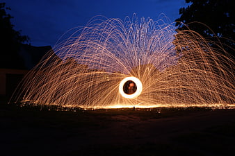 Steel Wool Light Painting with Sparks at Night