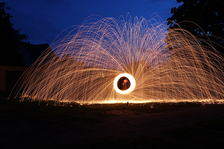 Steel Wool Light Painting with Sparks at Night