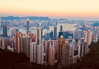Panoramic View of Hong Kong City Skyline at Golden Hour