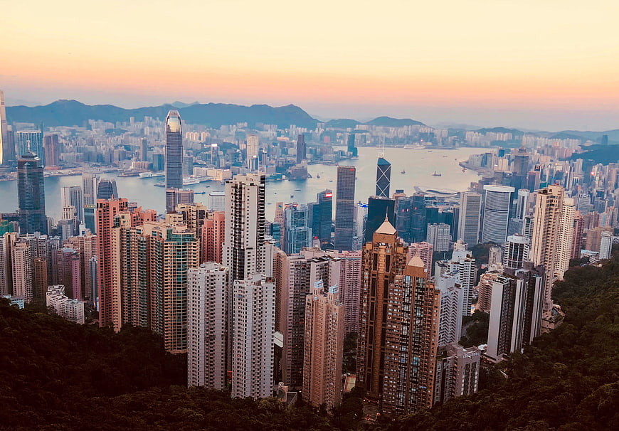 Panoramic View of Hong Kong City Skyline at Golden Hour