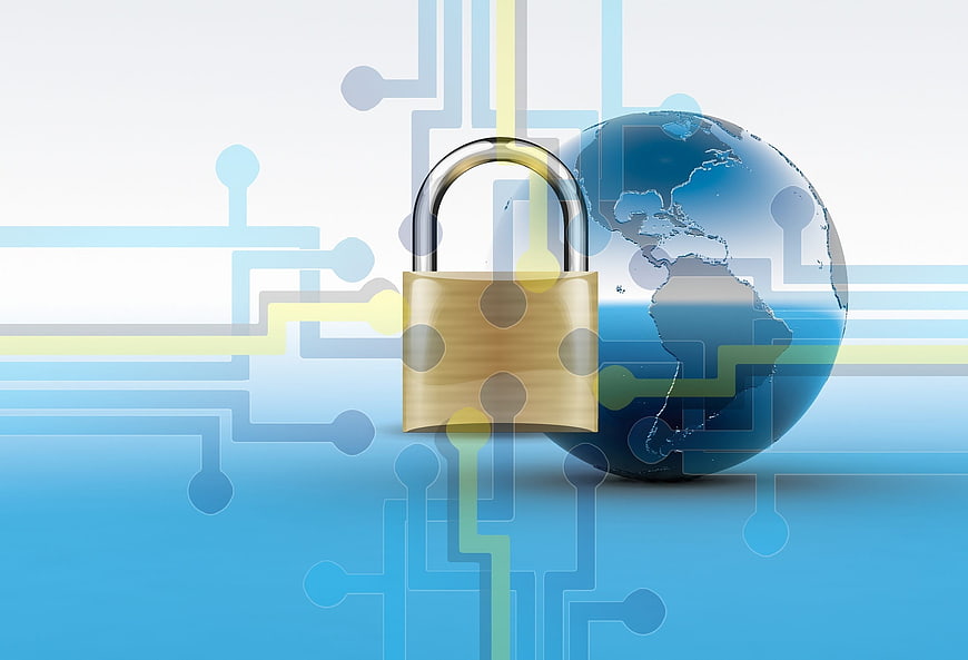 Cybersecurity Concept with Padlock and Globe on Circuit Board