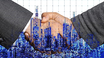 Business handshake with digital city skyline overlay