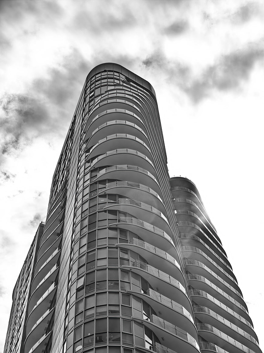 Low Angle Black and White Modern Skyscraper Architecture