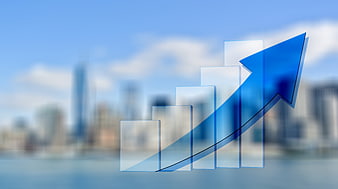 Blue Growth Arrow Over Blurred City Skyline Background