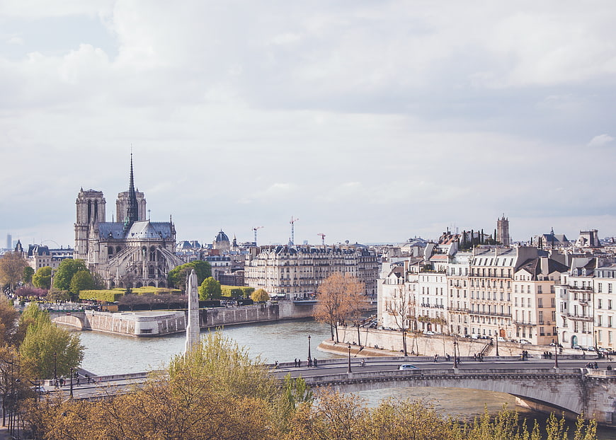 Paris Notre Dame Cathedral and Seine River Cityscape