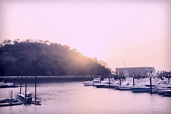 Boats docked in marina at sunset with hill background