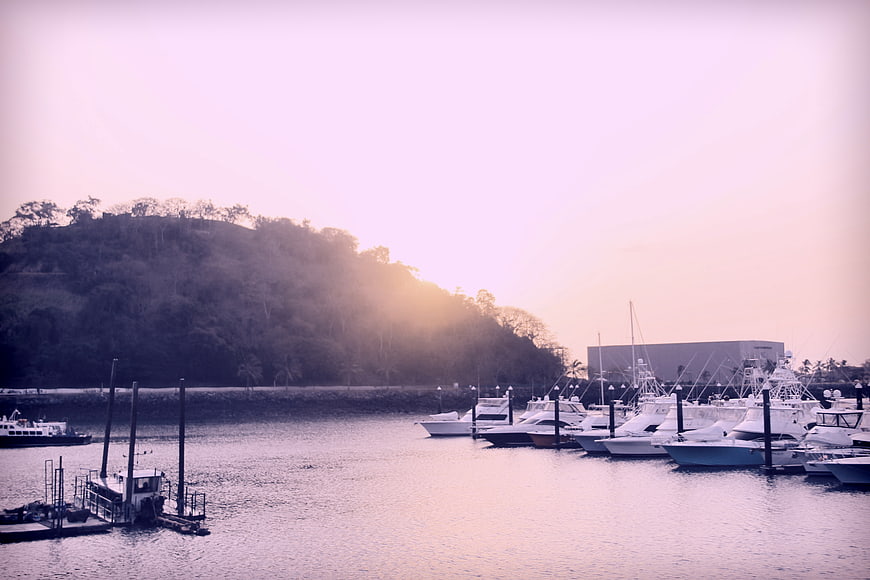 Boats docked in marina at sunset with hill background